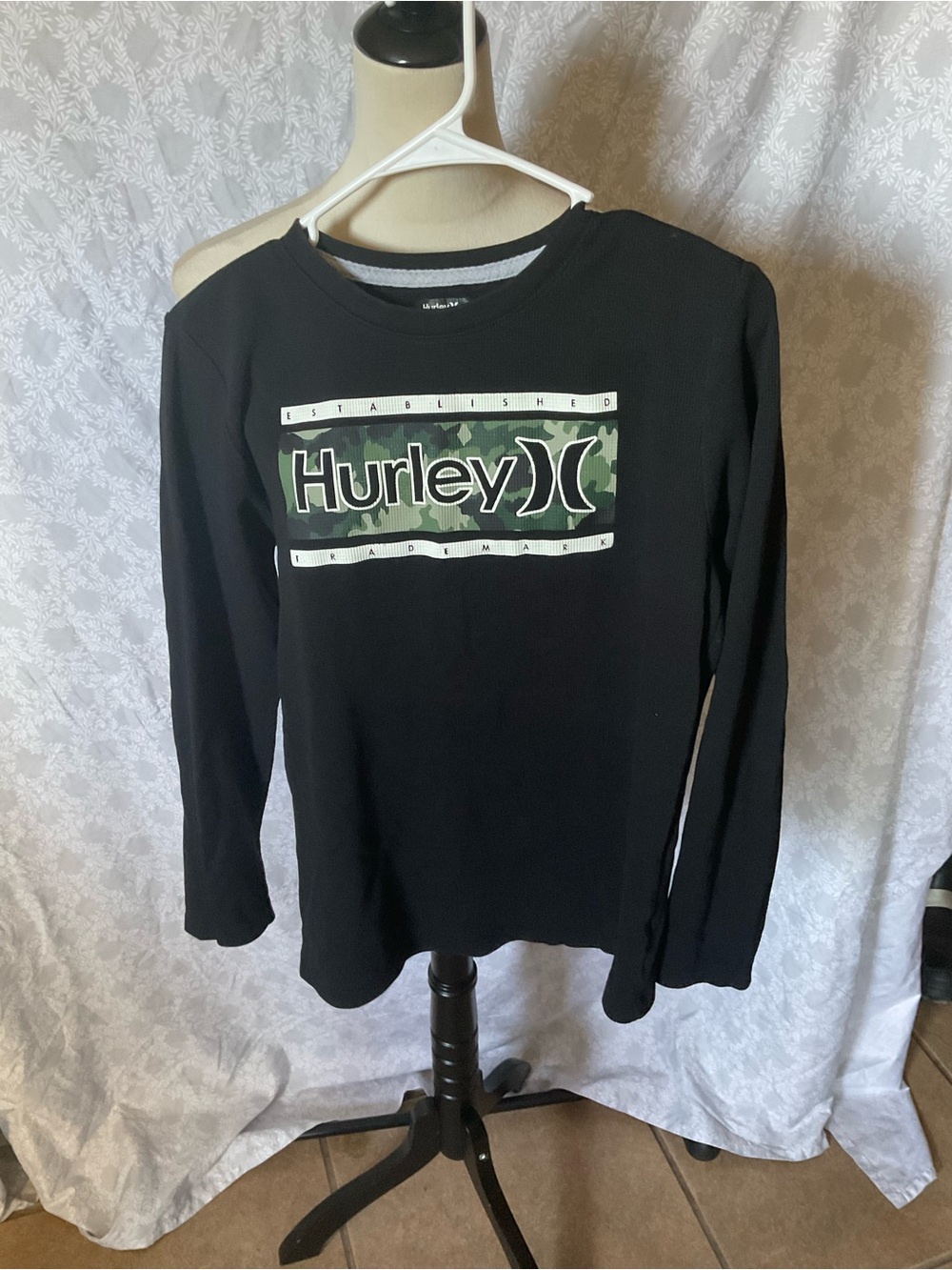 Hurley Black Long Sleeve Shirt with Green Camo Logo Panel